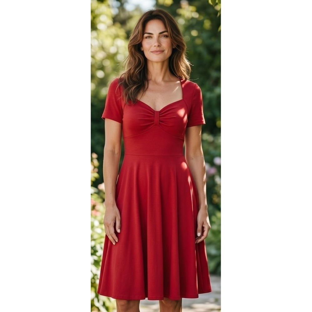 MUXXN Women's Burgundy Fit & Flare Dress Size XS Short Sleeve Sweetheart Neck